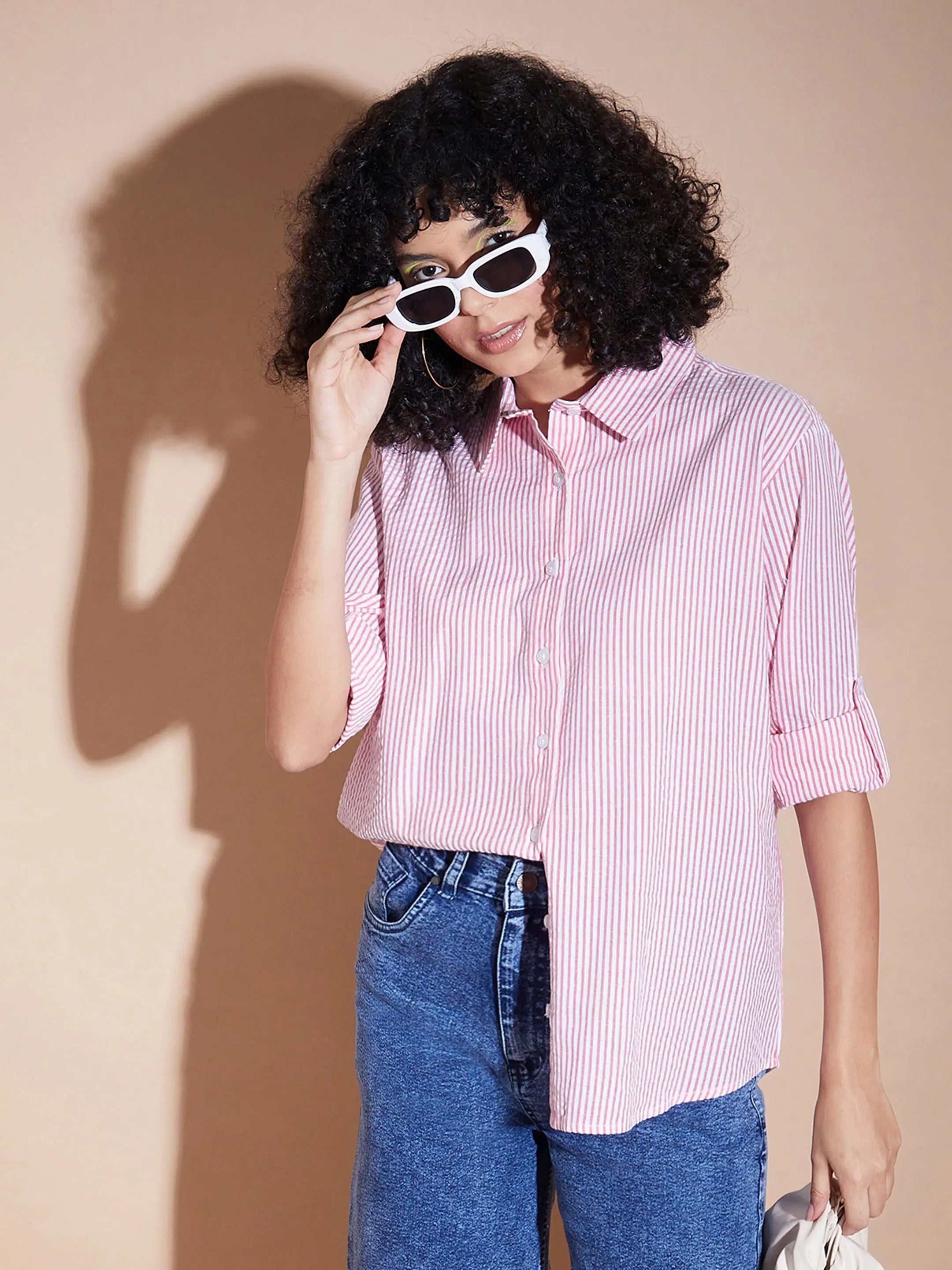 Women Pink Seersucker Pinstriped Oversized Shirt-- Jersey Fabric Tulle Fabric Batik Fabric