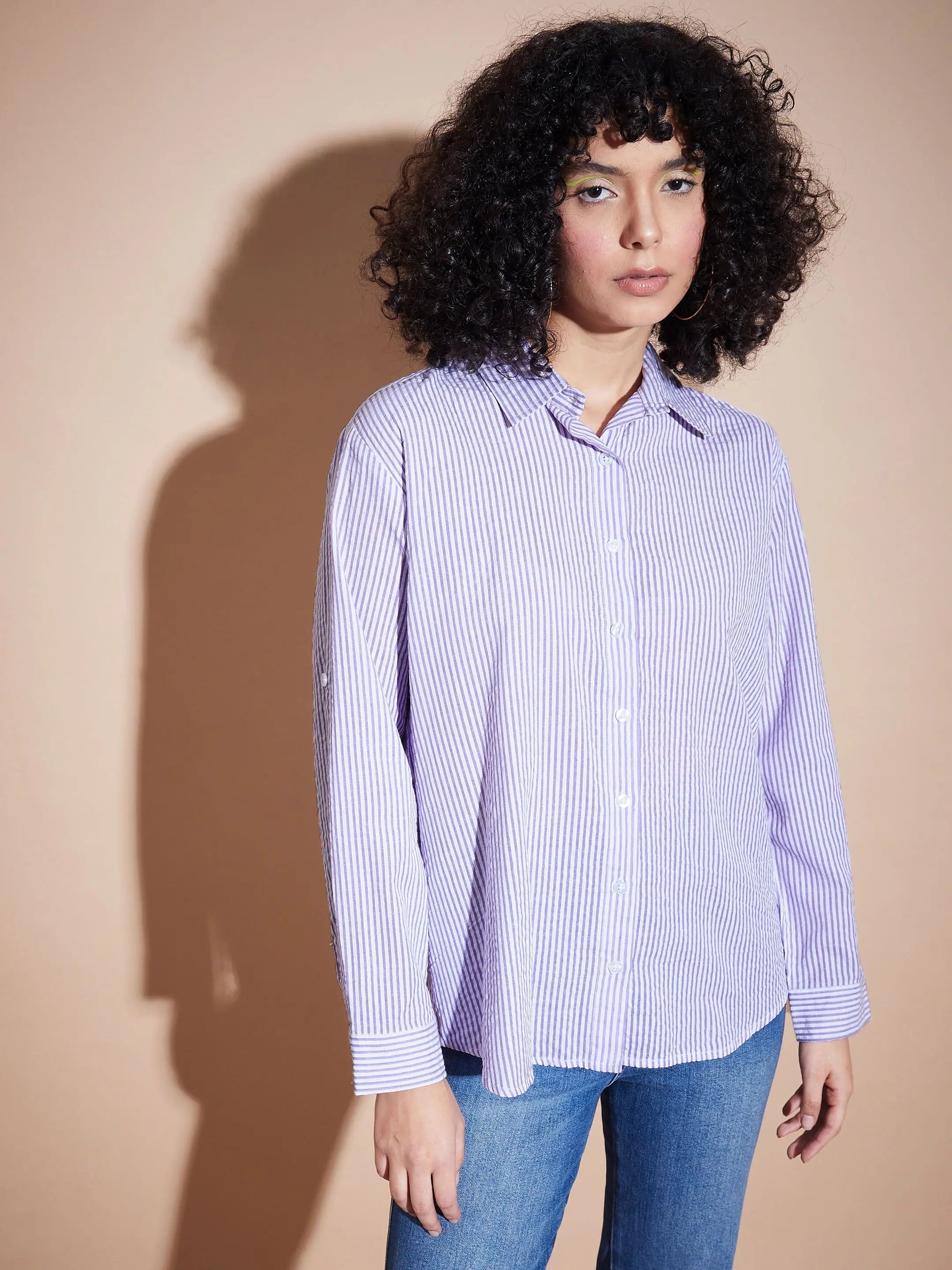 Women Purple Seersucker Pinstriped Oversized Shirt-- Mesh Fabric Canvas Fabric Denim Fabric