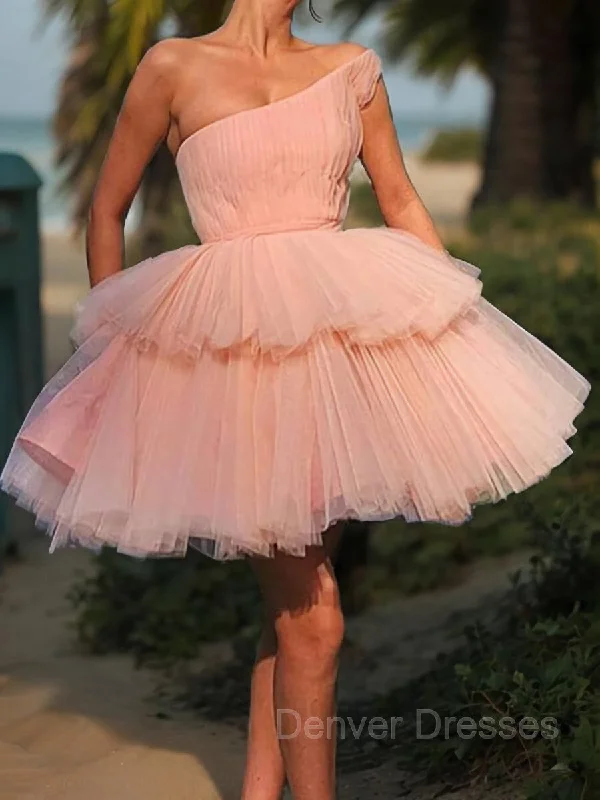 A-Line/Princess One-Shoulder Short/Mini Tulle Homecoming Dresses With Cascading Ruffles Tunics Formal black