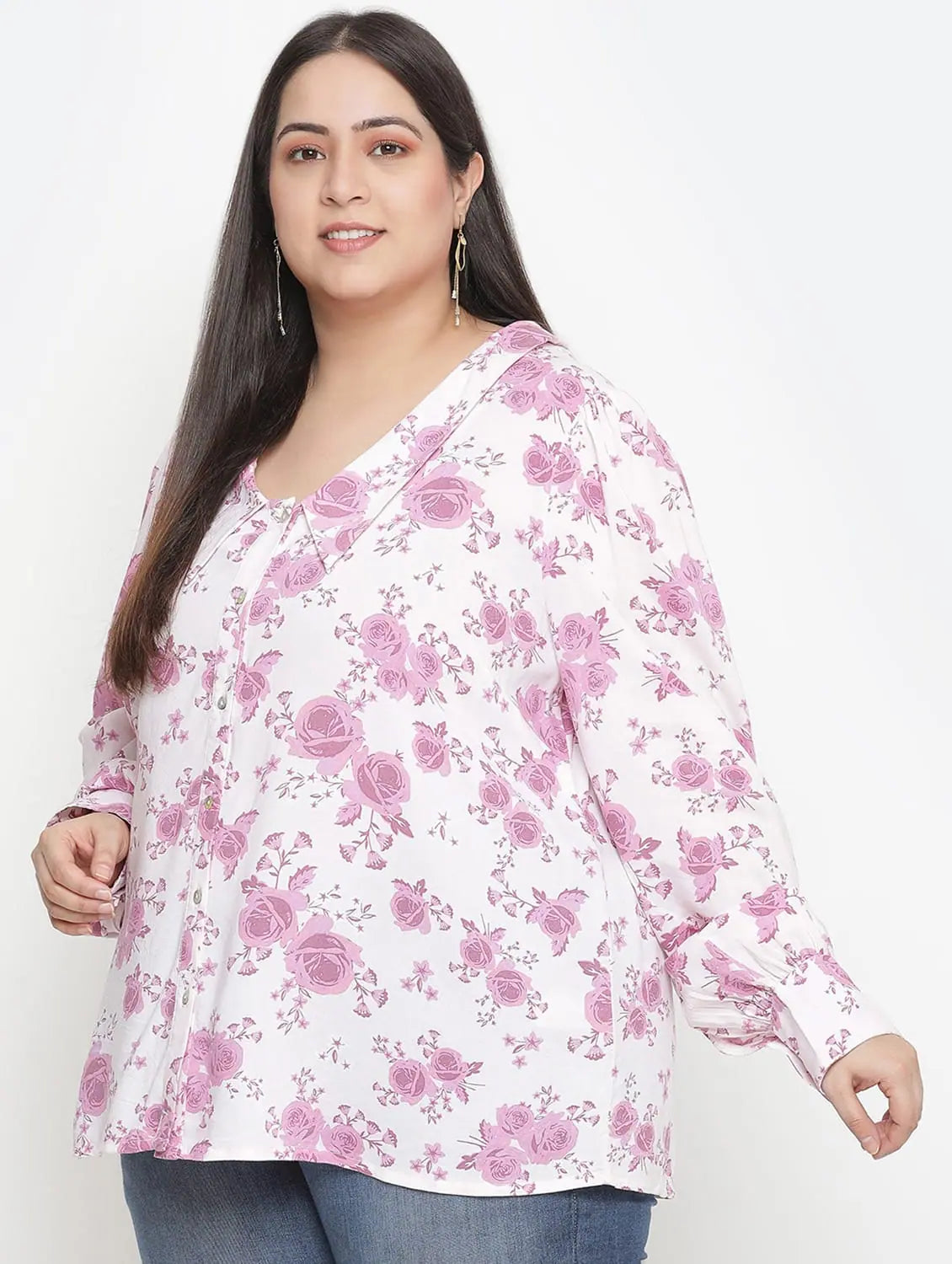 Full Of Love Light Pink Floral Print Plus Size Women Shirt-- Handmade Hand-knitted Hand-woven