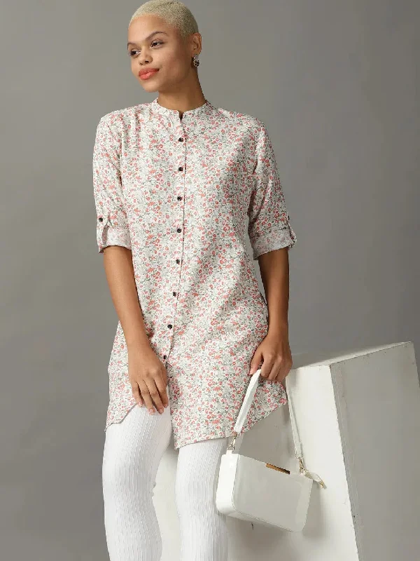 Women's White Printed Longline Shirt-AE-444109-White-- Denim Fabric Leather Fabric Suede Fabric