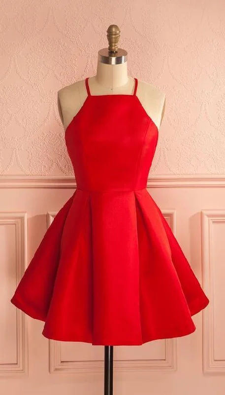 Sleeveless Red Halter Spaghetti Straps A Line Pleated Satin Short Homecoming Dresses Tunics Long Elegant