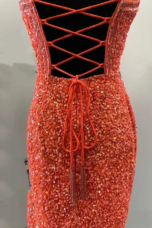 Orange Sequin Halter Fringe Short Homecoming Dress Turtleneck Warm Winter