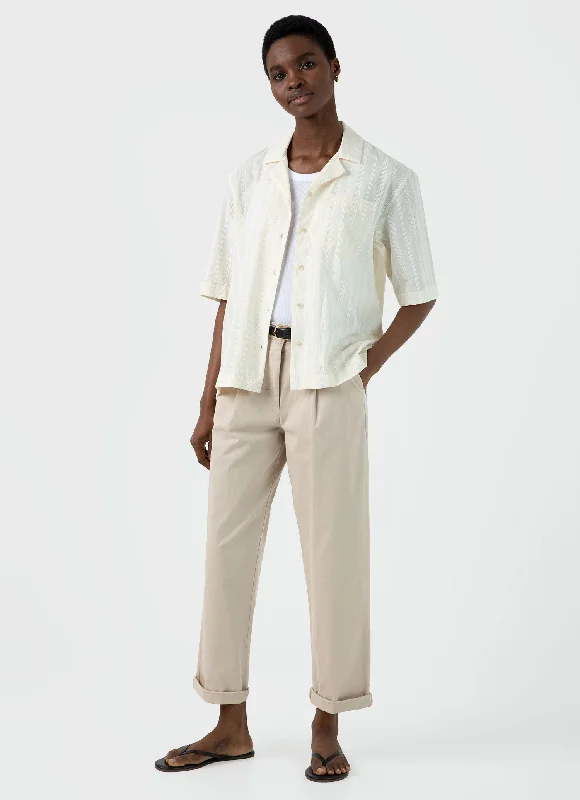 Women's Camp Collar Shirt in Ecru-- Rayon Fabric Velvet Fabric Corduroy Fabric
