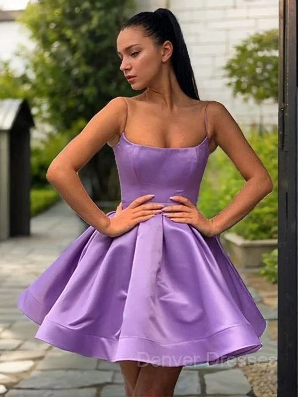 A-Line/Princess Square Short/Mini Satin Homecoming Dresses With Ruffles Crew Neckline Sporty