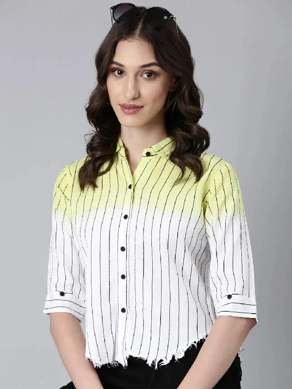 Women Yellow Striped Shirt-AE-3247-Yellow-- Chenille Blend Fleece Blend Nylon Blend