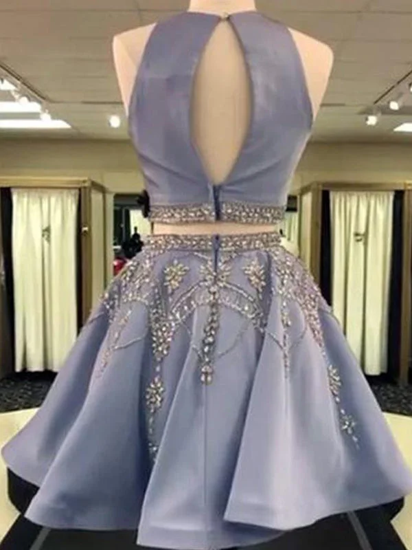 2024 A-Line Jewel Neck Sleeveless Cut Out Back Beading Two Piece Cut Short/Mini Homecoming Dresses Shift Classic Vintage