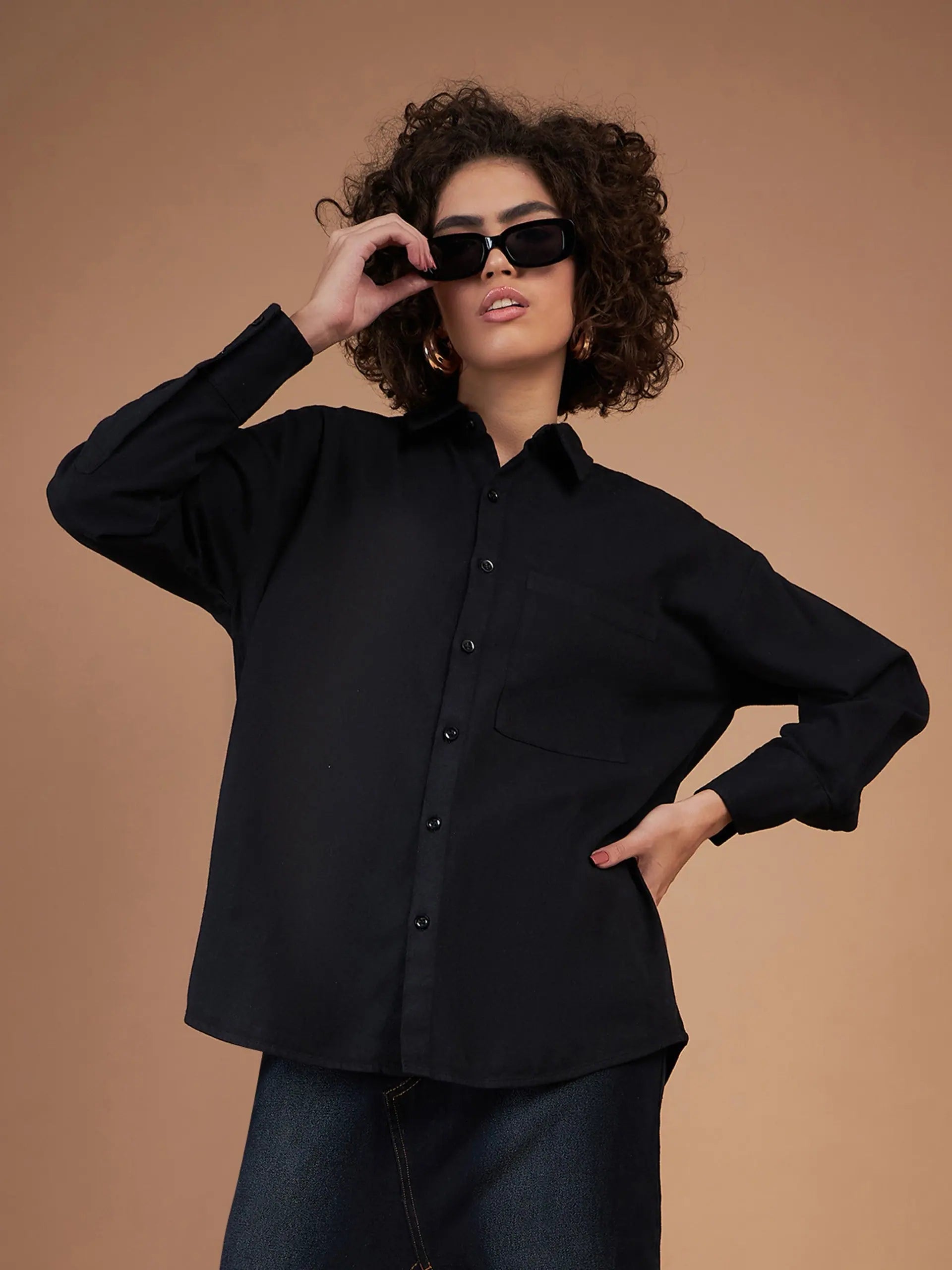 Women Black Twill Oversized Shirt-- Cotton Fabric Linen Fabric Terry Fabric