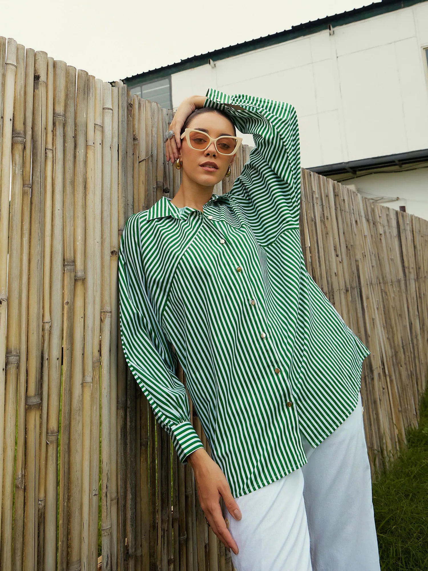 Women Green & White Stripe Oversized Shirt-SFSHRT20469-- Mesh Blend Leather Blend Suede Blend