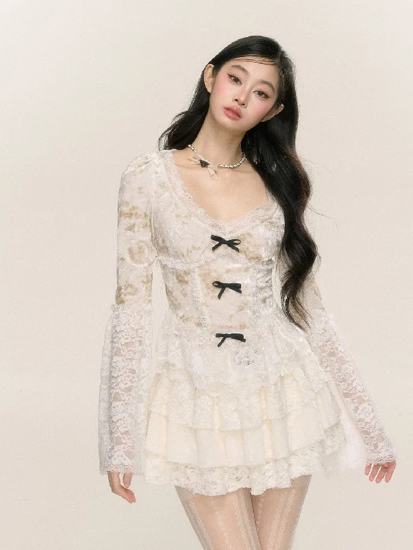 White Moss Rose French Pure Desire Lace Shirt DIA0230-- Print Jacquard Patchwork