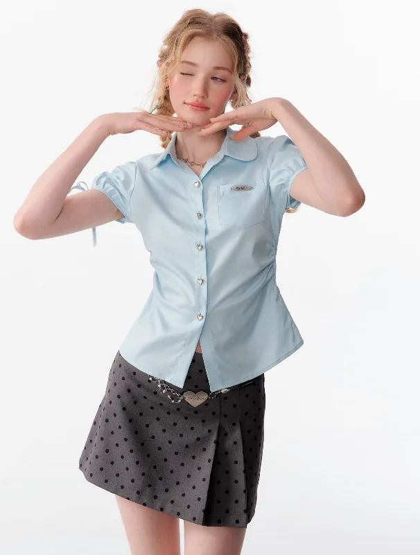 American Retro Design Puff Sleeve Bow Short-sleeved Shirt ZIZ0092-- Chenille Blend Fleece Blend Nylon Blend