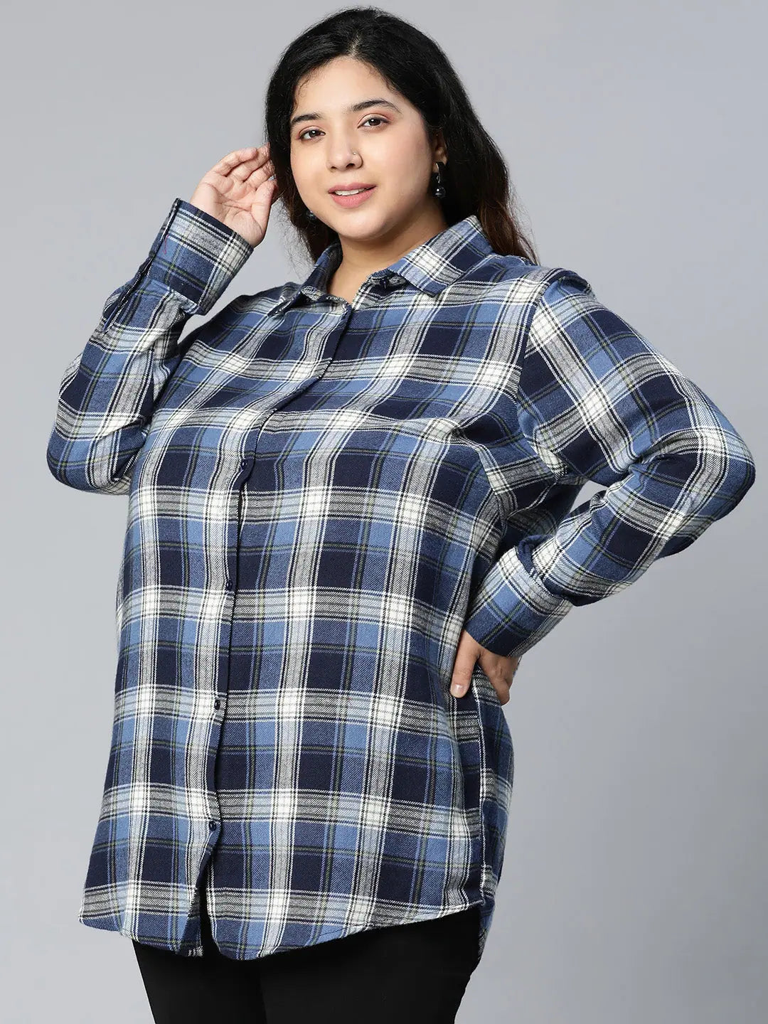 Zorbic Multicolor Brush Check Plus Size Women Shirt-- Notch Collar Peter Pan Collar Cowl Neck