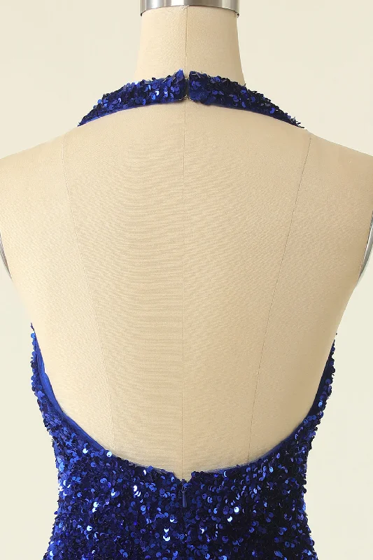 Royal Blue Sequin Halter Open Back Short Homecoming Dress Tunics Luxurious high-end