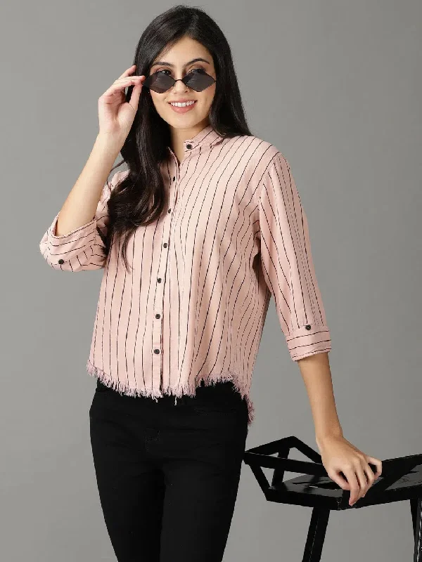Women's Pink Striped Shirt-AE-3148-Pink-- Solid Color Striped Floral