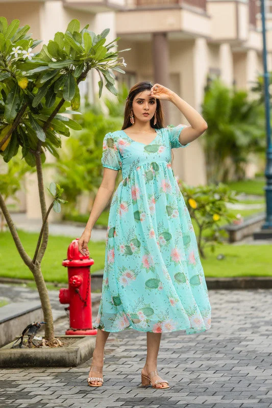 Womens Printed Turquoise Georgette Ethnic Dress Floral Print girly