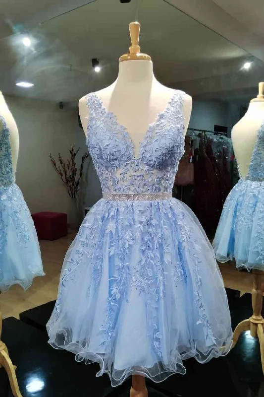 Backless Light Blue Lace Applique Short Homecoming Dress Tunics Winter warm