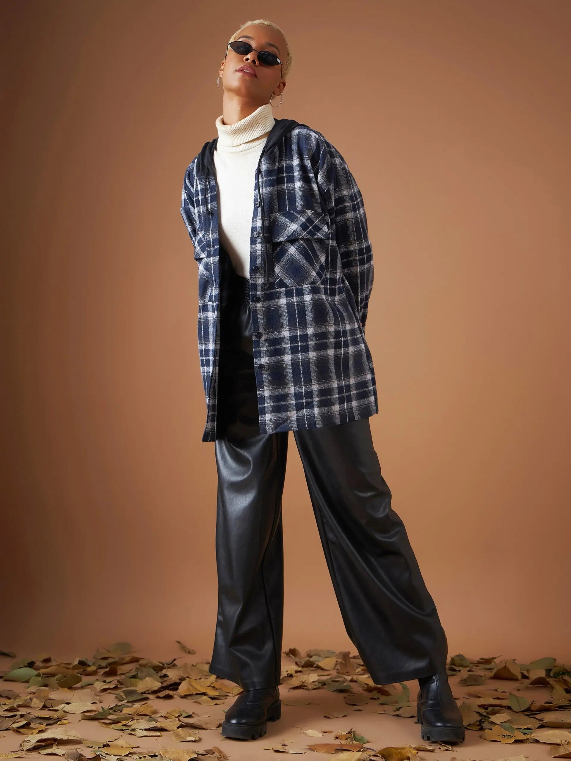 Women Navy Yarndyed Check Hooded Oversized Shirt-- Nylon Fabric Polyester Fabric Spandex Fabric