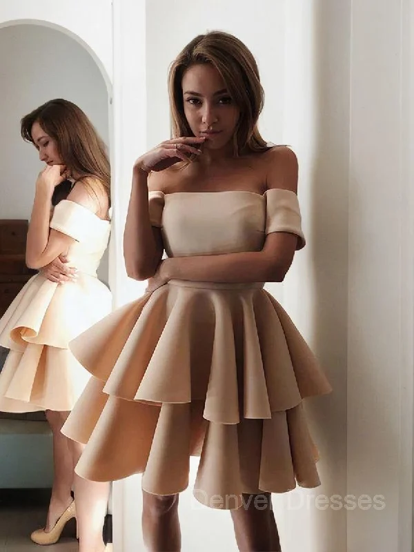 A-Line/Princess Off-the-Shoulder Short/Mini Satin Homecoming Dresses Tunics Long Elegant