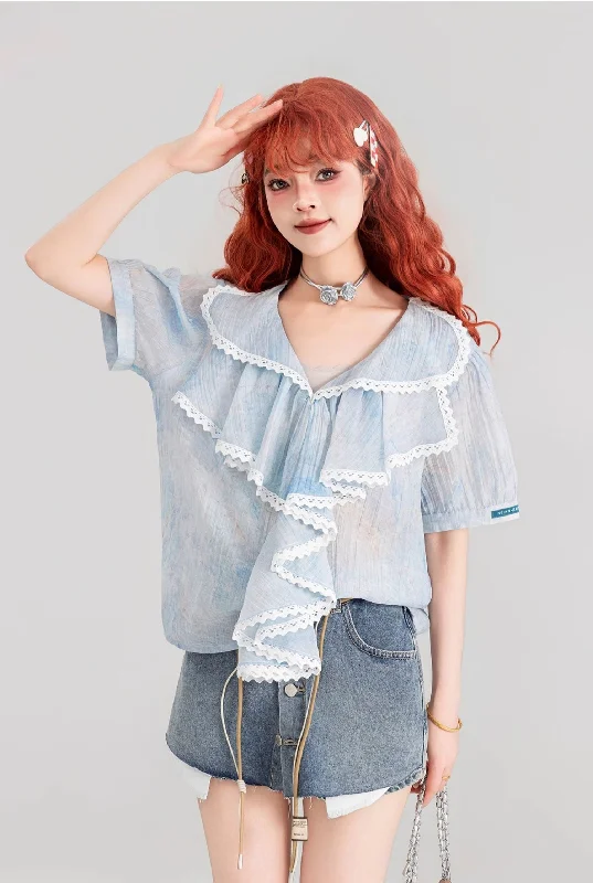 Ruffled Floral Chiffon Shirt KEI0084-- Print Jacquard Patchwork