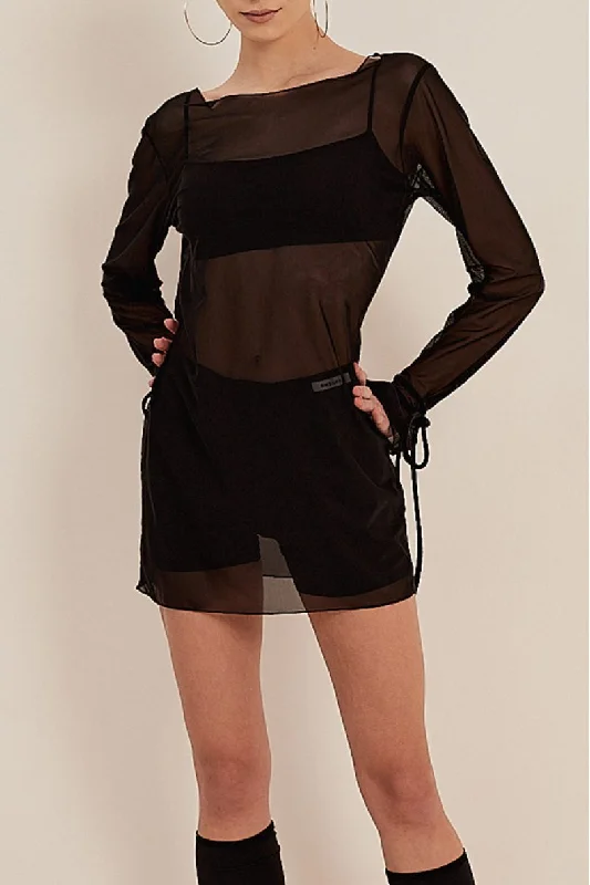 ONDANCE Yana Mesh Latin Practice Dress Tunic with Gathered Sleeves and Tie Details Pra 1291 Tunics Office stylish