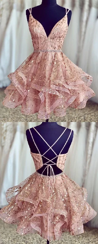 Stunning Pink Short Homecoming Dresses, Shiny Sequined Homecoming Dresses, Ball Gown Formal Dresses, For Teens Tunics Wedding white
