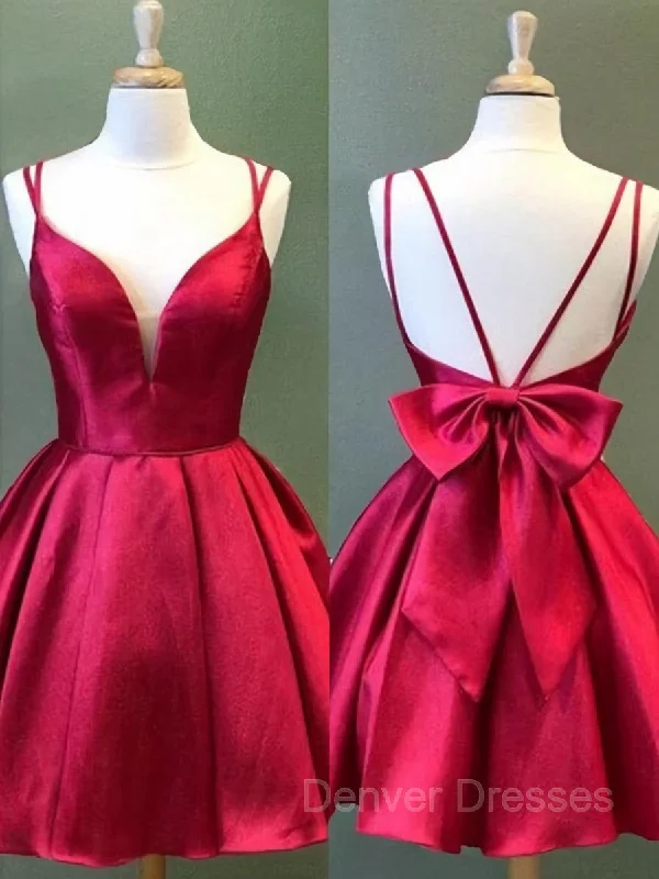 A-Line/Princess Spaghetti Straps Short/Mini Satin Homecoming Dresses With Bow Crew Neckline Casual