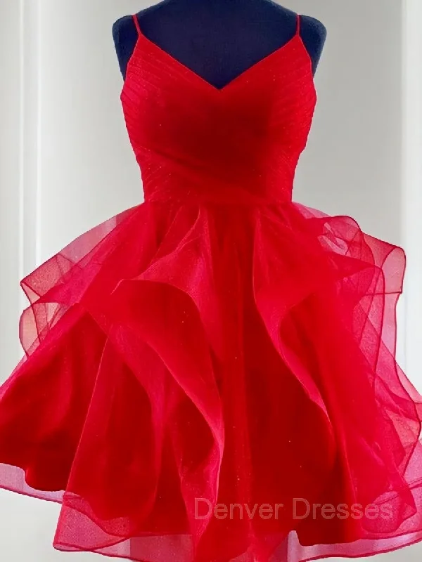 A-Line/Princess Spaghetti Straps Short/Mini Tulle Homecoming Dresses With Ruffles Tunics Satin smooth