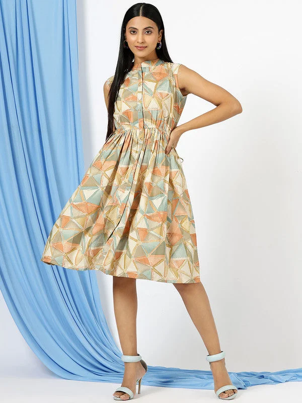 Women's Yellow Mandarin Collar Printed Cotton Fit & Flare Dress Tunics Sophisticated sleek