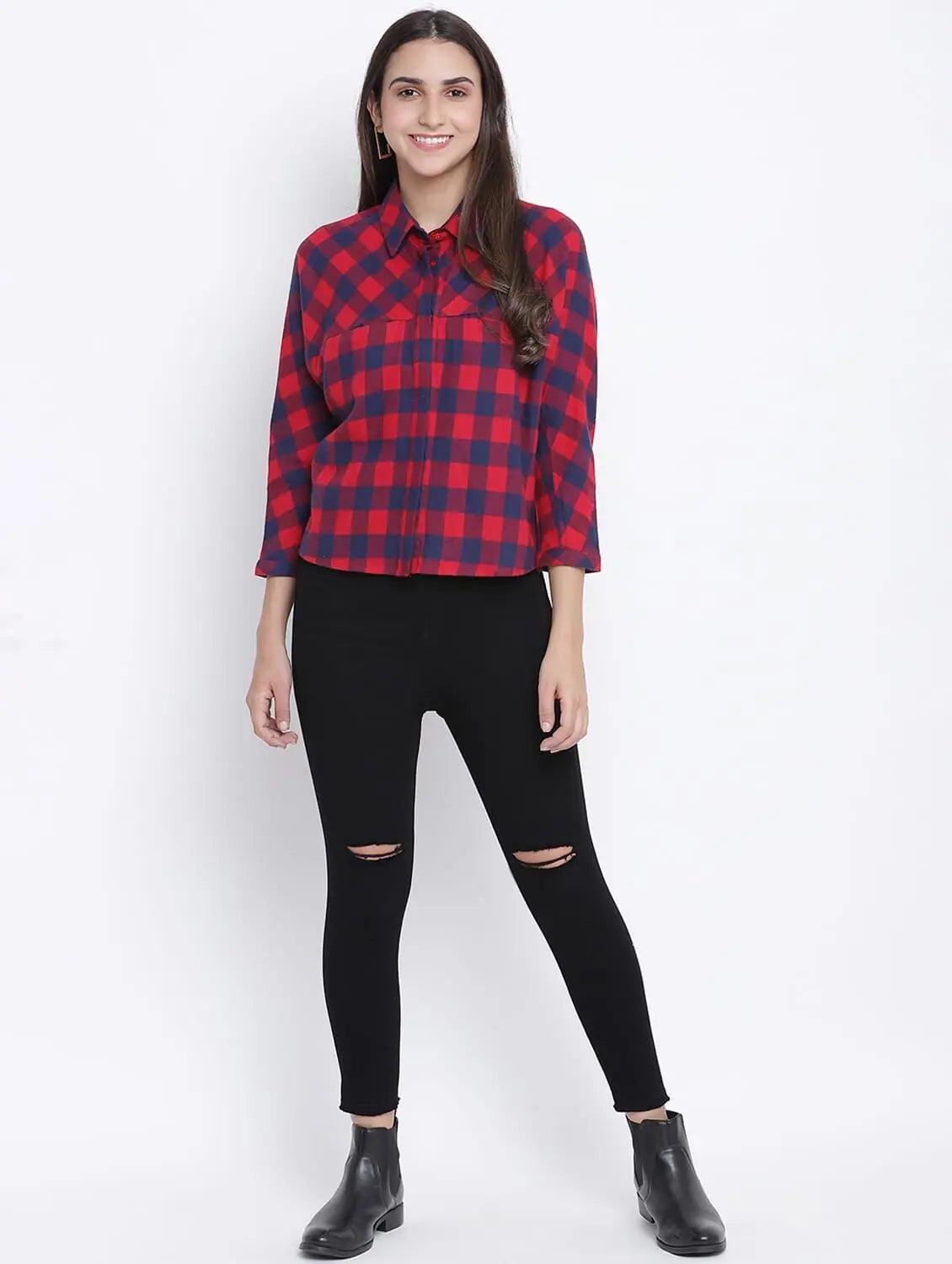 Doring Red Brush Check Women Shirt-- Boxy Fit Fitted Loose