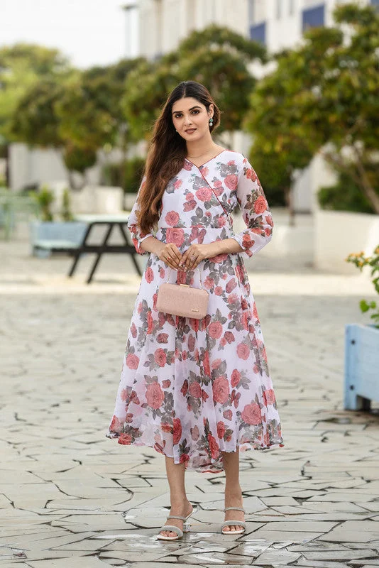 Women's Floral Printed V-Neck Georgette Maxi Ethnic Dress Tunics Timeless classic