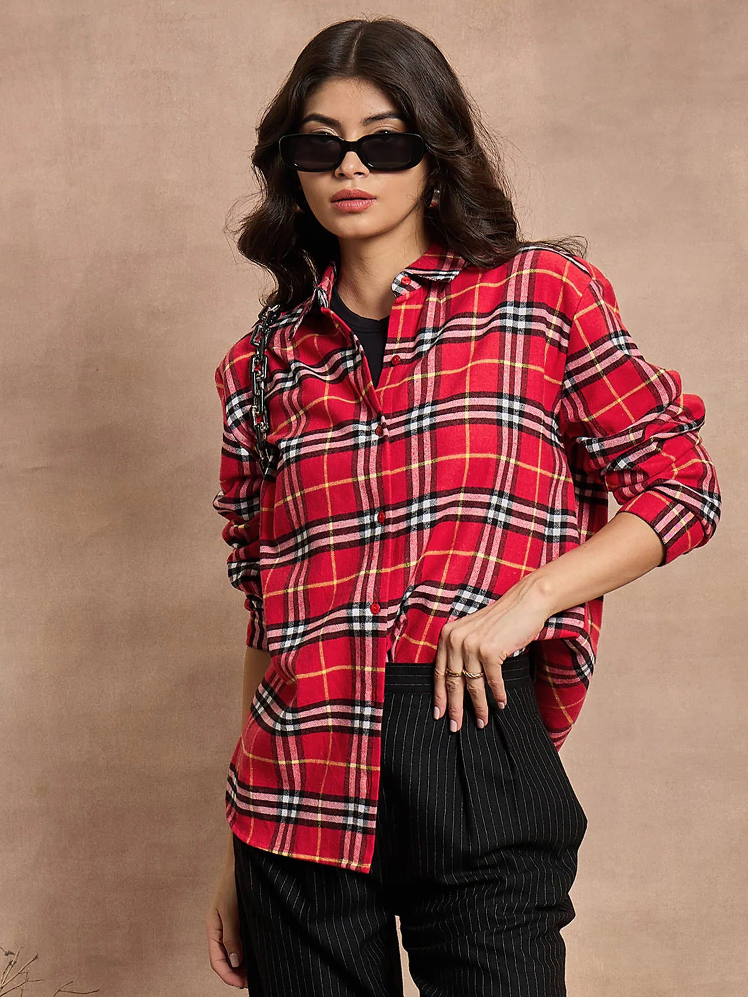 Women Red Check Oversized Shirt-SFSHRT20528-- Lace Blend Ribbed Blend Corduroy Blend