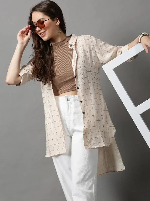 Women's Beige Checked Longline Shirt-AE-10418-Beige-- Mesh Canvas Denim