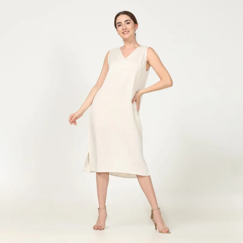 Sleeveless Shift Tunic V Neck Dress In Off-White | Linen | Hand-Crafted Tunics Modern contemporary
