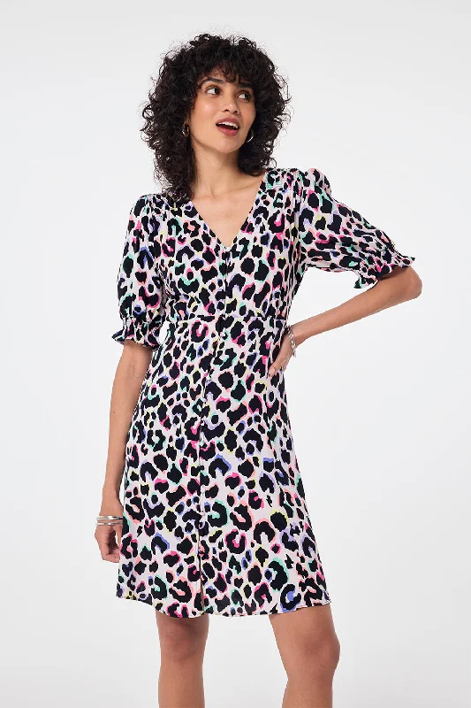 Ivory with Rainbow Shadow Leopard Short Tea Dress Tunics Trendy modern