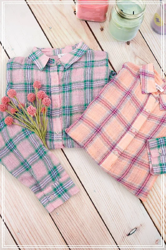 Lt Wt Bold Plaid Print Long Slv Button Down Collared Shirt-- Anti-Shrink Durable Soft