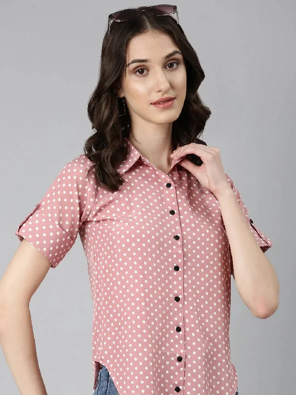 Women Peach Polka Dots Shirt-AE-333810-Peach-- Satin Blend Silk Blend Wool Blend