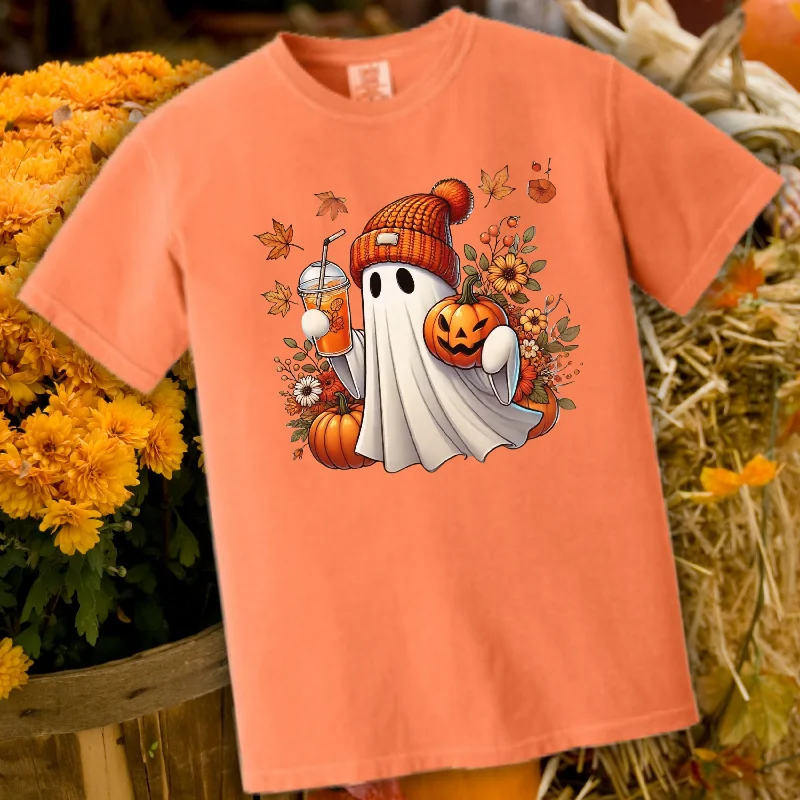 Fall Ghost with florals, pumpkins and a latte Graphic T-shirt-- V-Neck T-Shirt Long Sleeve Cotton
