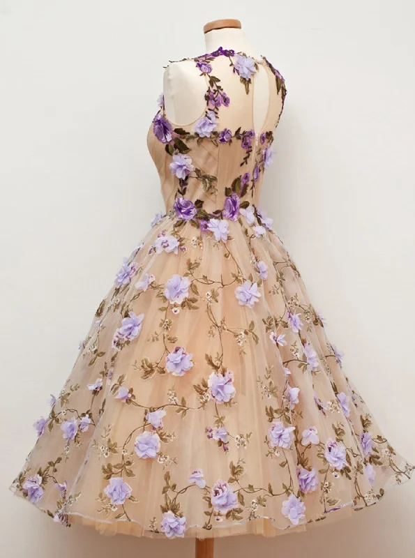 A Line Jewel Tea Length Open Back Champagne Tulle With Appliques Flowers Short Homecoming Dresses Tunics Bestseller popular