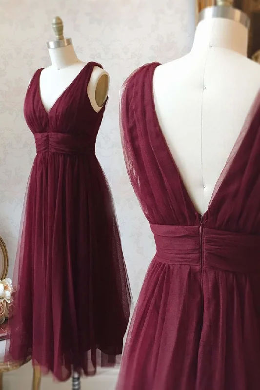 Burgundy V Neck Empire Tulle Short Homecoming Dress Tunics Party sparkling