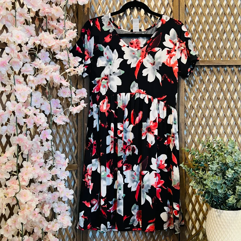 Black Background Floral Dress with Pockets Tunic Top Casual