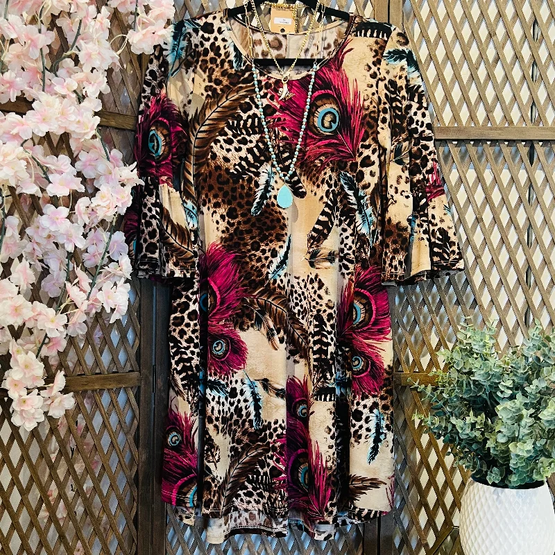 Peacock Feathers/Cheetah Swing Dress Tunics Fashionable chic