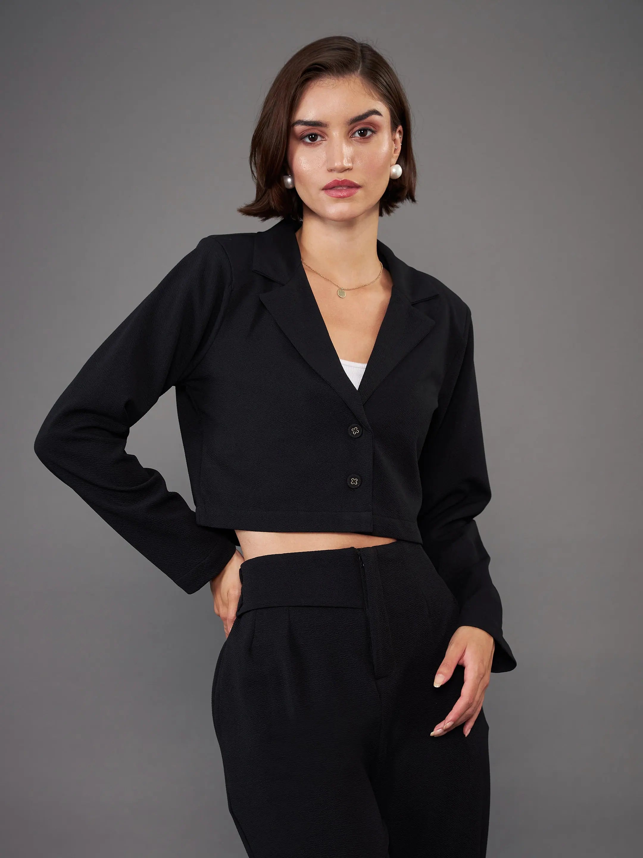 Women Black Notch Collar Crop Blazer Women's High-End Blazer