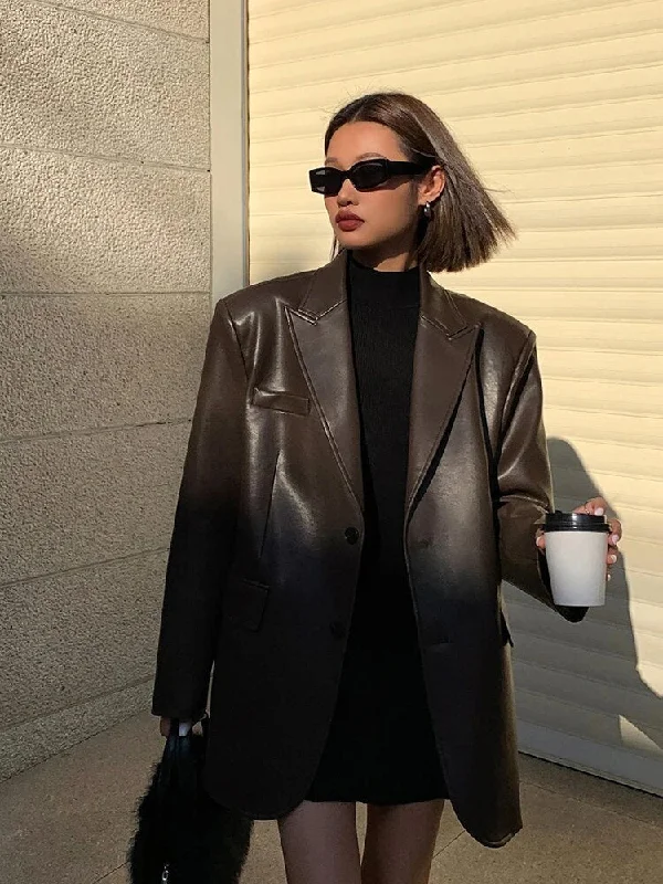 Ashore shop Autumn Black Brown Soft  Pu Leather Blazer Women with Shoulder Pads Women's Professional Jacket