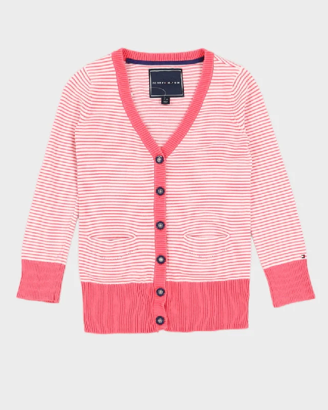 Pink and White Striped Tommy Hilfiger Cardigan - M Velvet Chenille Corduroy