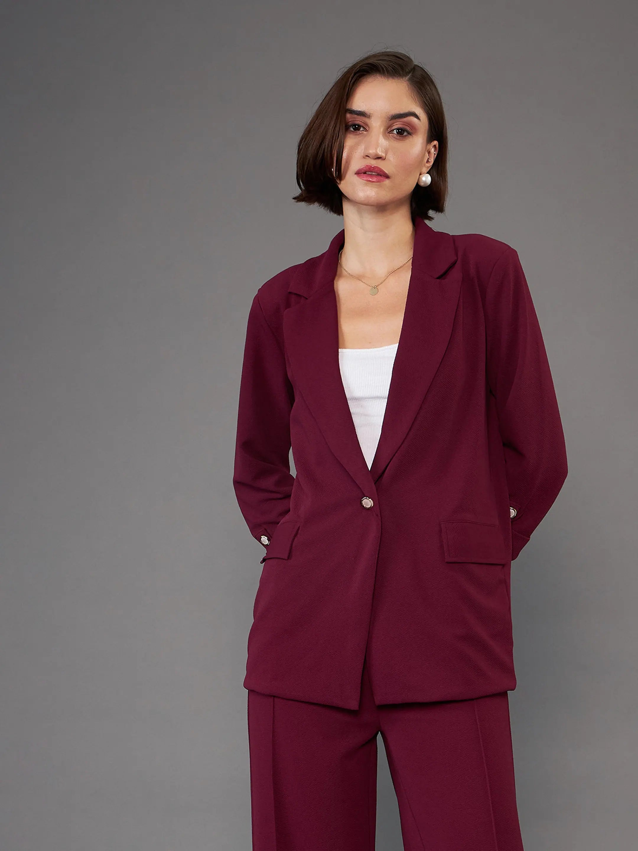 Women Burgundy Front Button Blazer Women's Luxurious Jacket