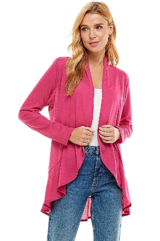 Women's Long Sleeves Ruffle Hacci Cardigan in Hot Pink Satin Fabric Silk Fabric Chiffon Fabric