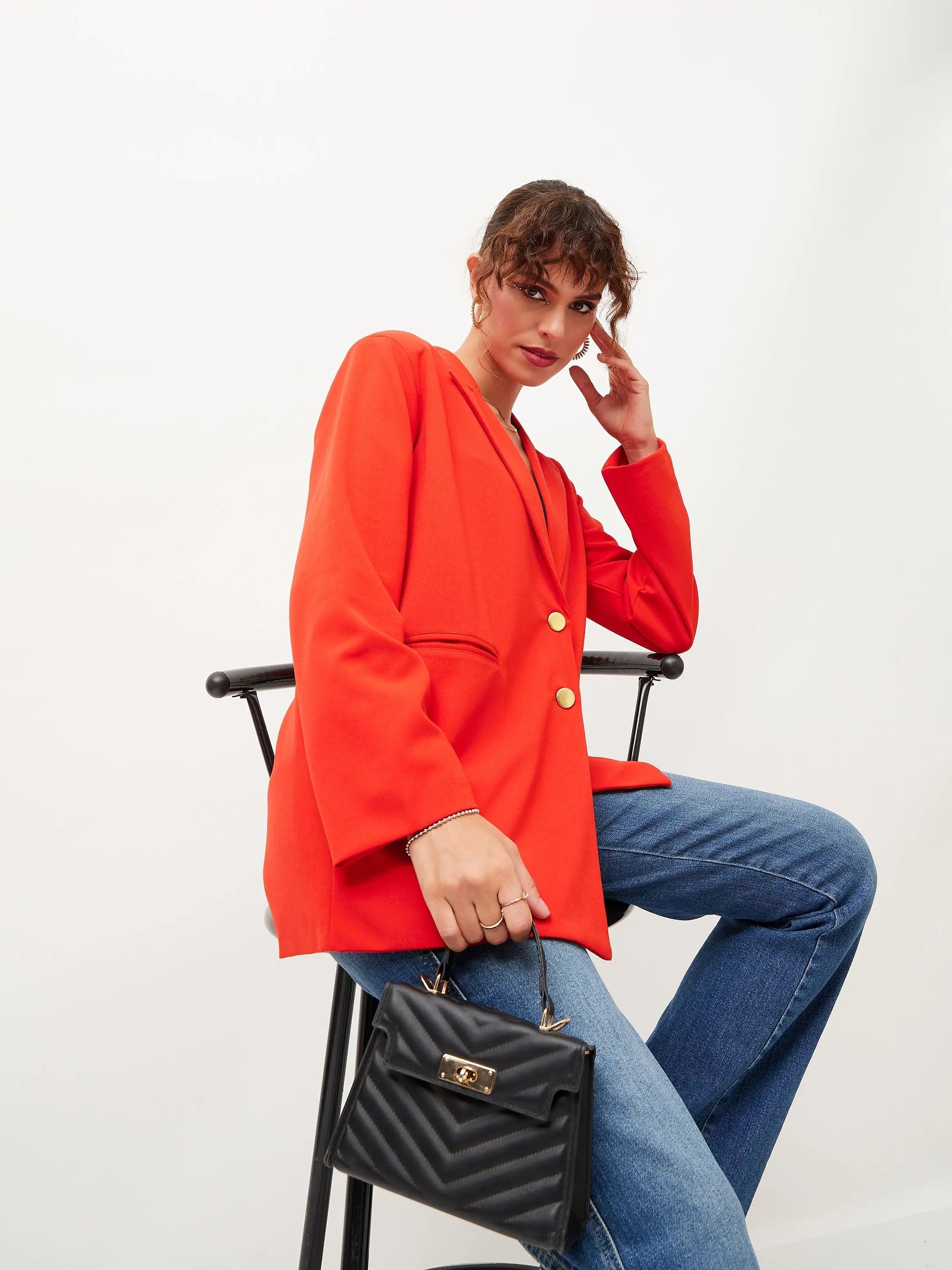 Women Orange Notch Collar Blazer Women's Casual Suit