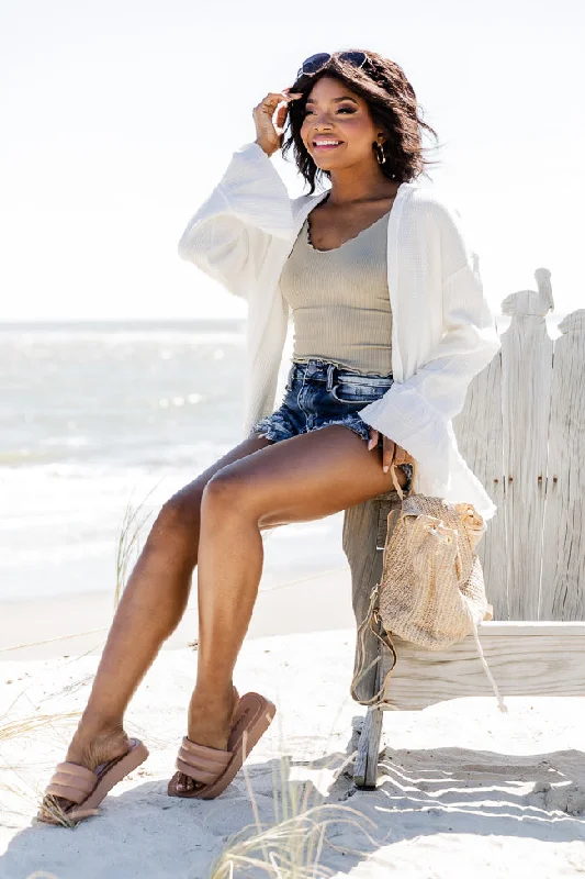 Let's Get Away Ivory Waffle Ruffle Hem Cardigan FINAL SALE Crew Neck V-Neck Turtle Neck Let's Get Away Ivory Waffle Ruffle Hem Cardigan FINAL SALE Crew Neck V-Neck Turtle Neck
