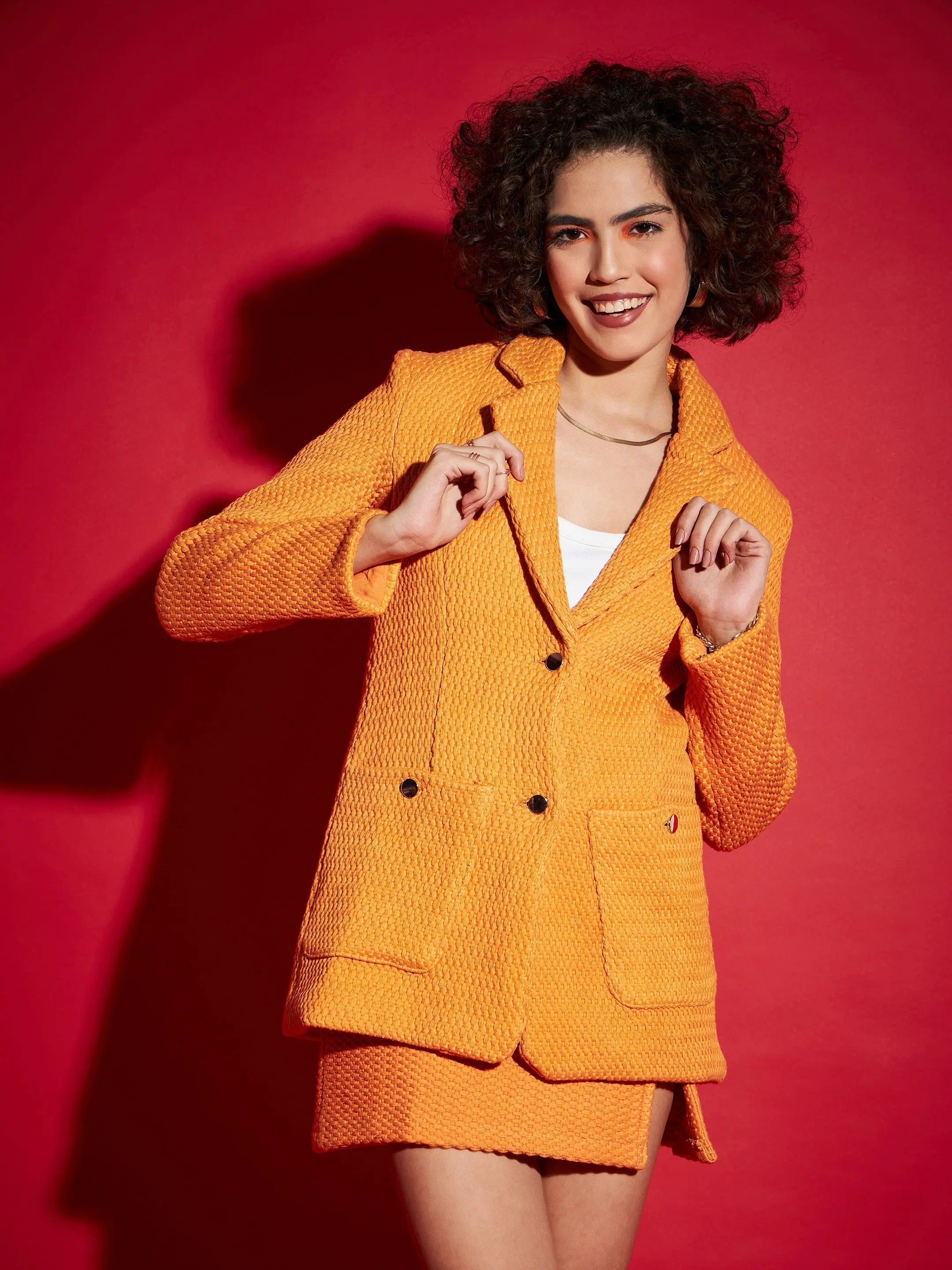 Women Orange Tweed Notch Collar Blazer Women's Patchwork Suit