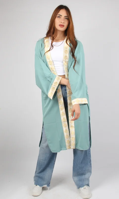Women Short Cardigan Gold Tape (Green) Hooded Cardigan Collared Cardigan Shawl Collar